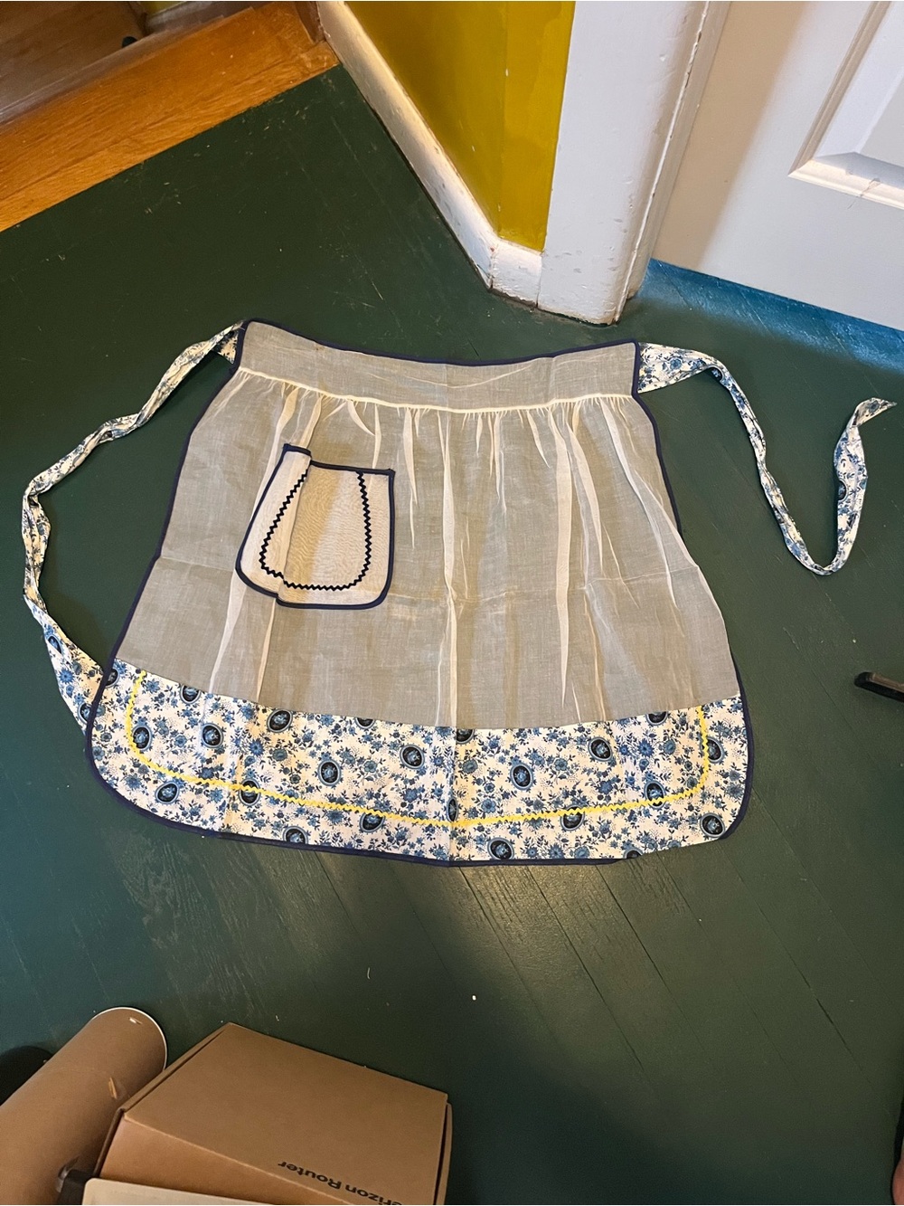 Vintage sheer apron, white and blue